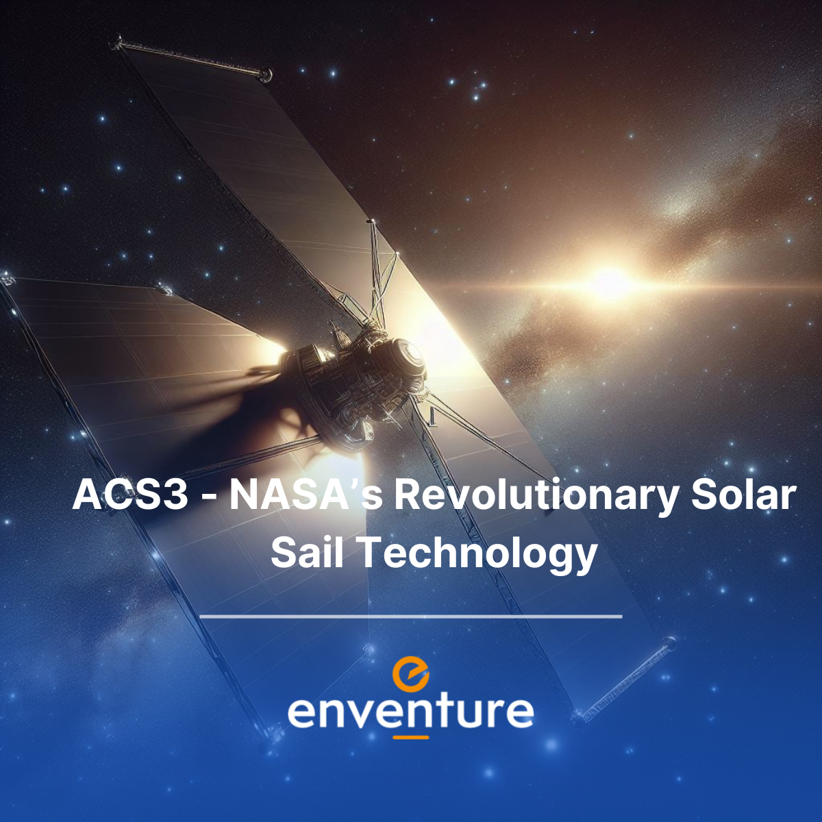 A futuristic spacecraft in deep space with sunlight reflecting off its solar sail, showcasing NASA's innovative ACS3 technology.