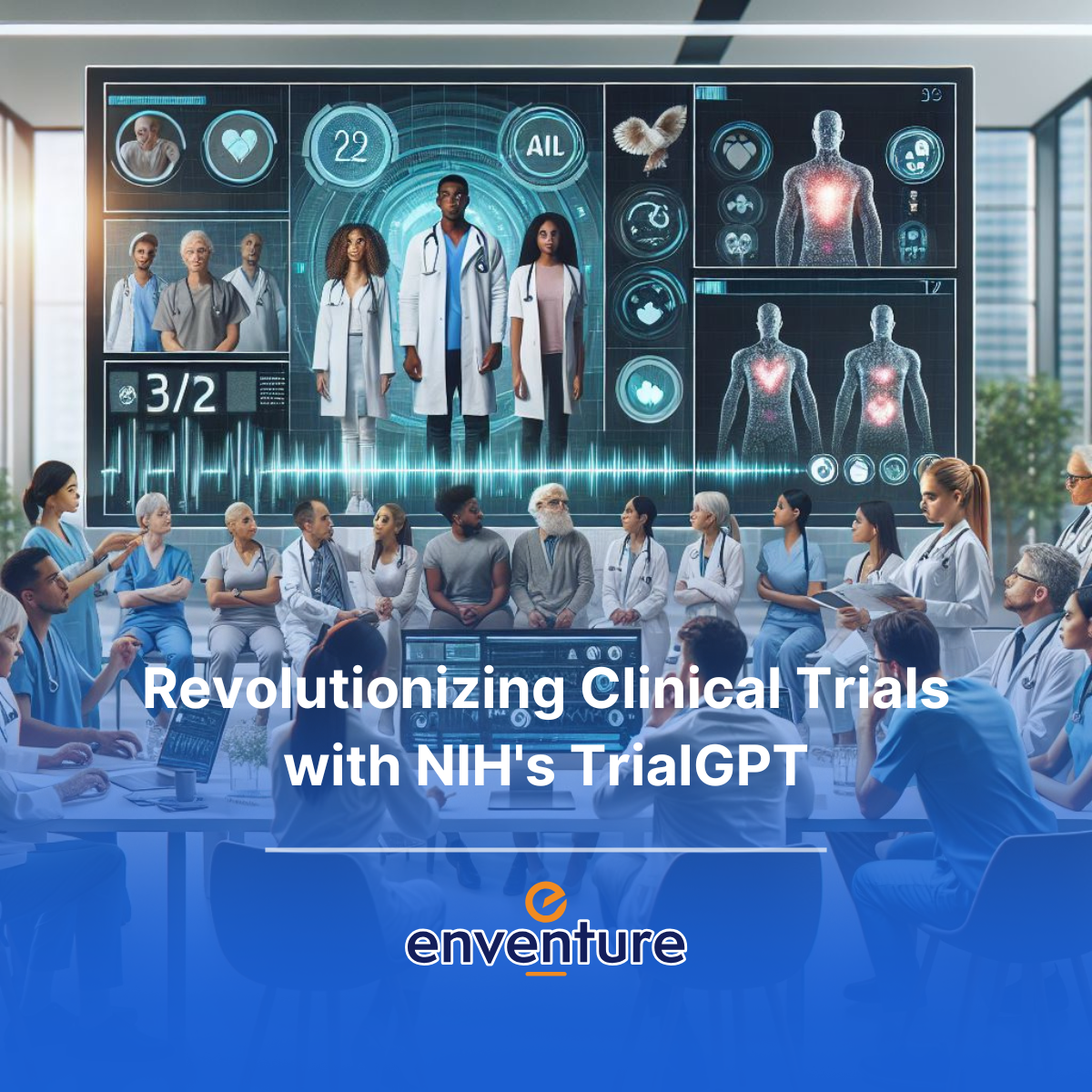 Illustration of TrialGPT, NIH's AI-powered tool connecting volunteers with clinical trials, revolutionizing research recruitment and advancing healthcare.