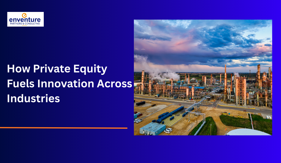 Private equity innovation across industries concept image showing large-scale industrial refinery infrastructure under dramatic sky.