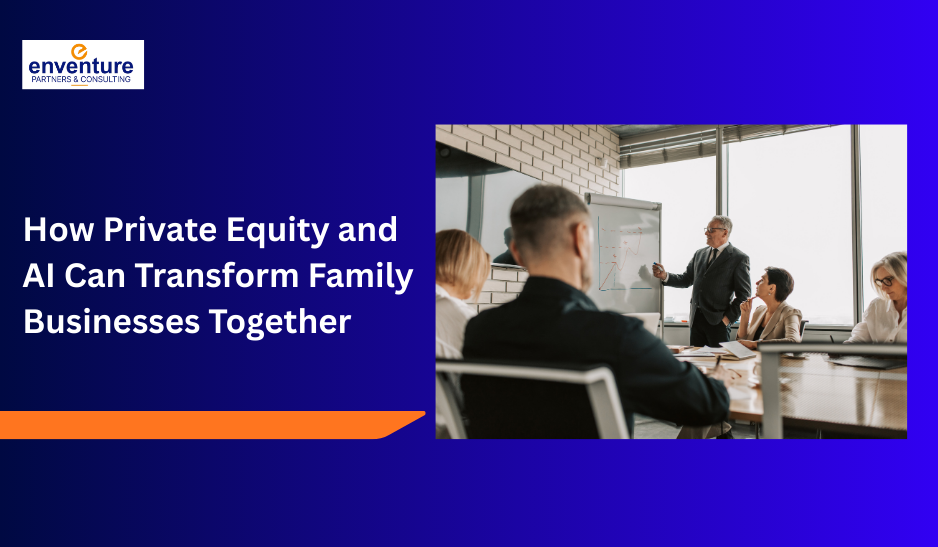 Corporate consulting website header highlighting private equity and artificial intelligence driving innovation in family-owned businesses.