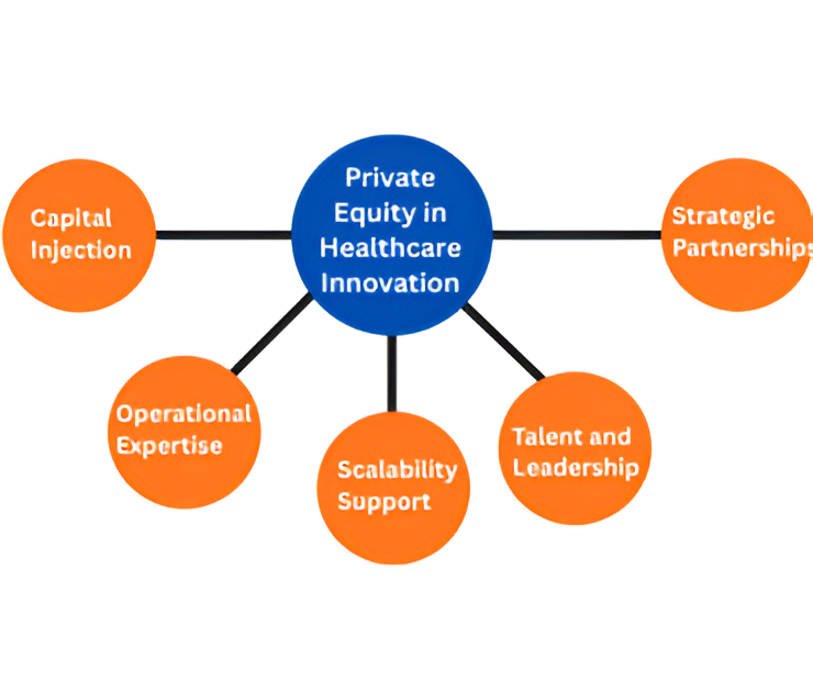 Diagram showing the role of private equity in healthcare innovation, highlighting capital injection, strategic partnerships, operational expertise, scalability support, and talent and leadership development.