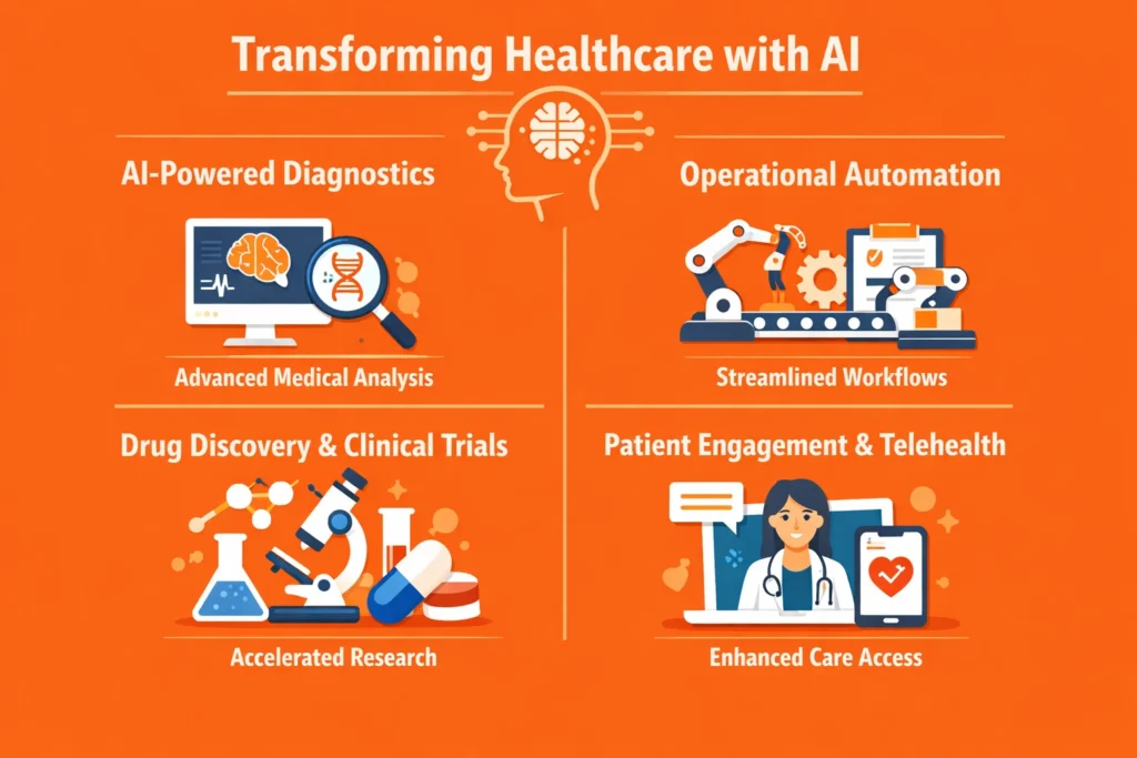 Illustration highlighting AI-powered healthcare solutions including advanced diagnostics, operational automation, accelerated drug discovery, clinical trials, and enhanced patient engagement through telehealth.