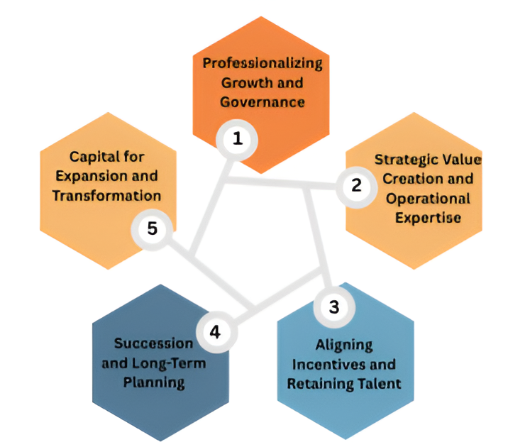 Diagram showing five key value drivers in private equity: professionalizing growth and governance, strategic value creation and operational expertise, aligning incentives and retaining talent, succession and long-term planning, and capital for expansion and transformation.