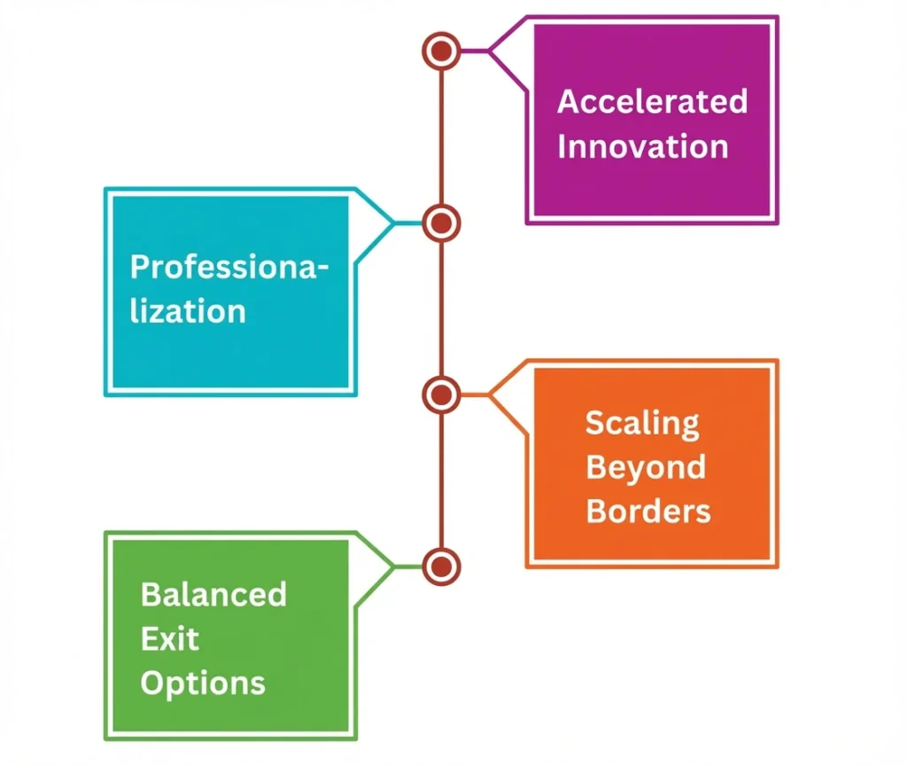 Visual timeline illustrating private equity impact on family businesses, highlighting professionalization, accelerated innovation, scaling beyond borders, and balanced exit options.