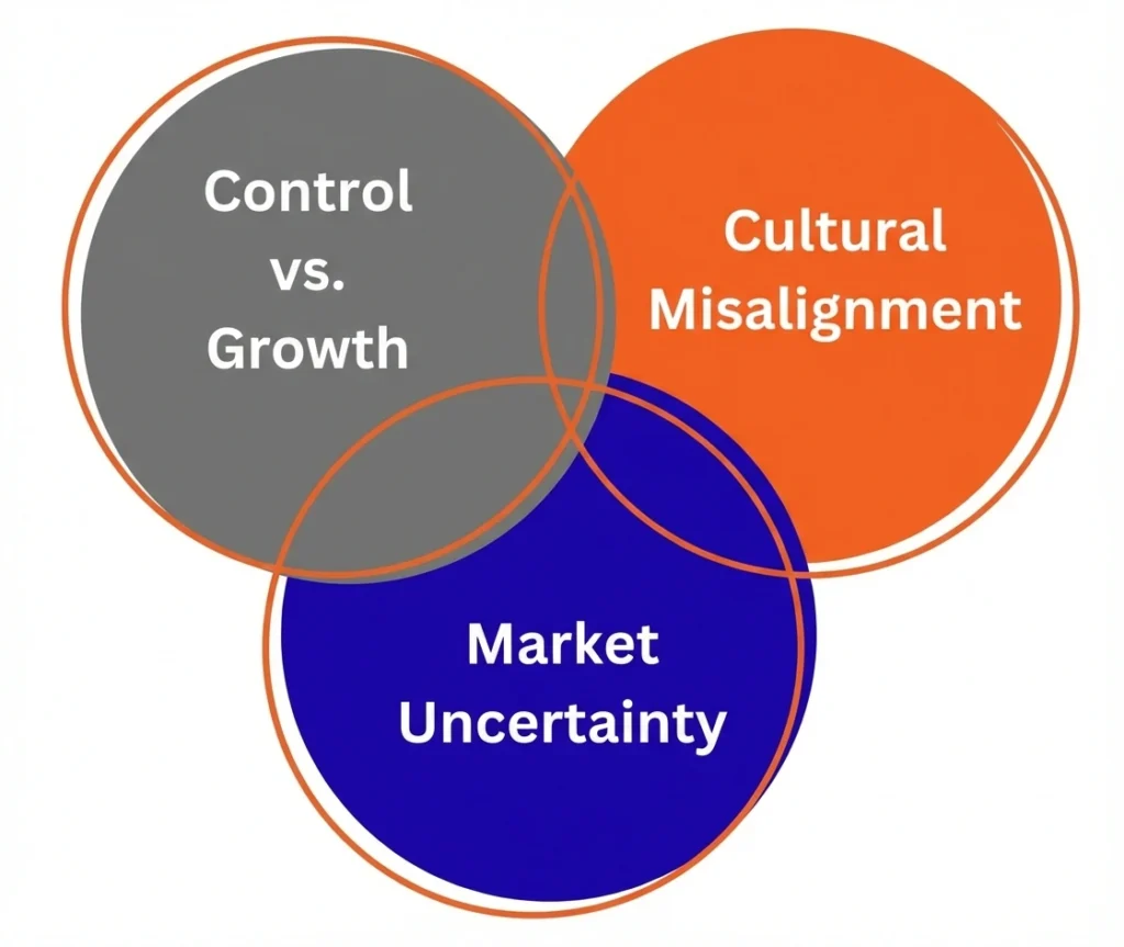 Venn diagram showing key private equity challenges for family businesses, including control versus growth, cultural misalignment, and market uncertainty.