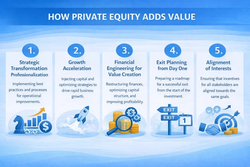 Landscape infographic explaining how private equity adds value through strategic transformation, growth acceleration, financial engineering, exit planning, and aligned interests.
