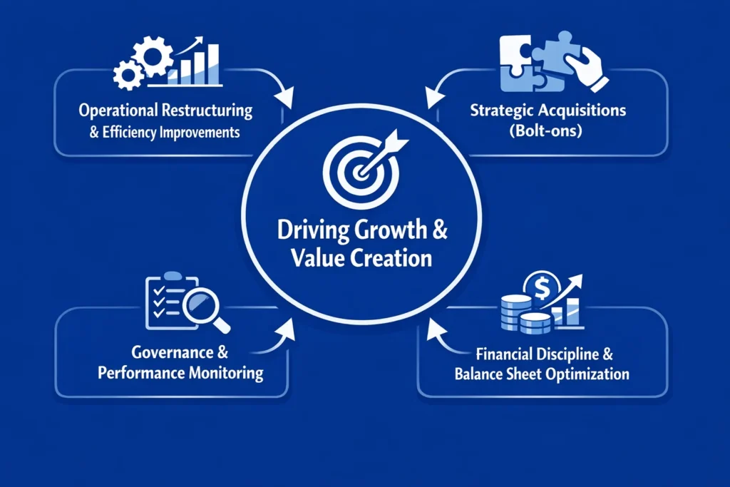 Private equity value creation framework showing operational restructuring, strategic acquisitions, governance, and financial discipline driving business growth.