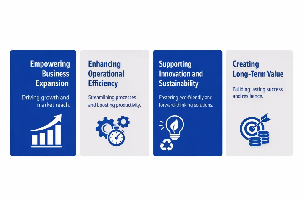 Landscape infographic highlighting empowering business expansion, operational efficiency, innovation, sustainability, and long-term value.