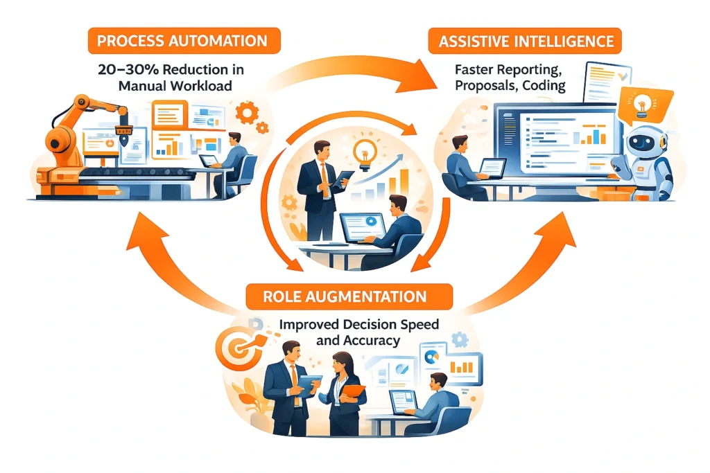 Enterprise AI workflow illustrating process automation, assistive intelligence, and role augmentation improving productivity and decisions.