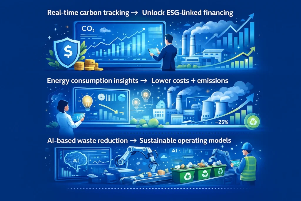 AI-driven sustainability dashboard showing real-time carbon tracking, energy insights, and waste reduction for ESG performance.