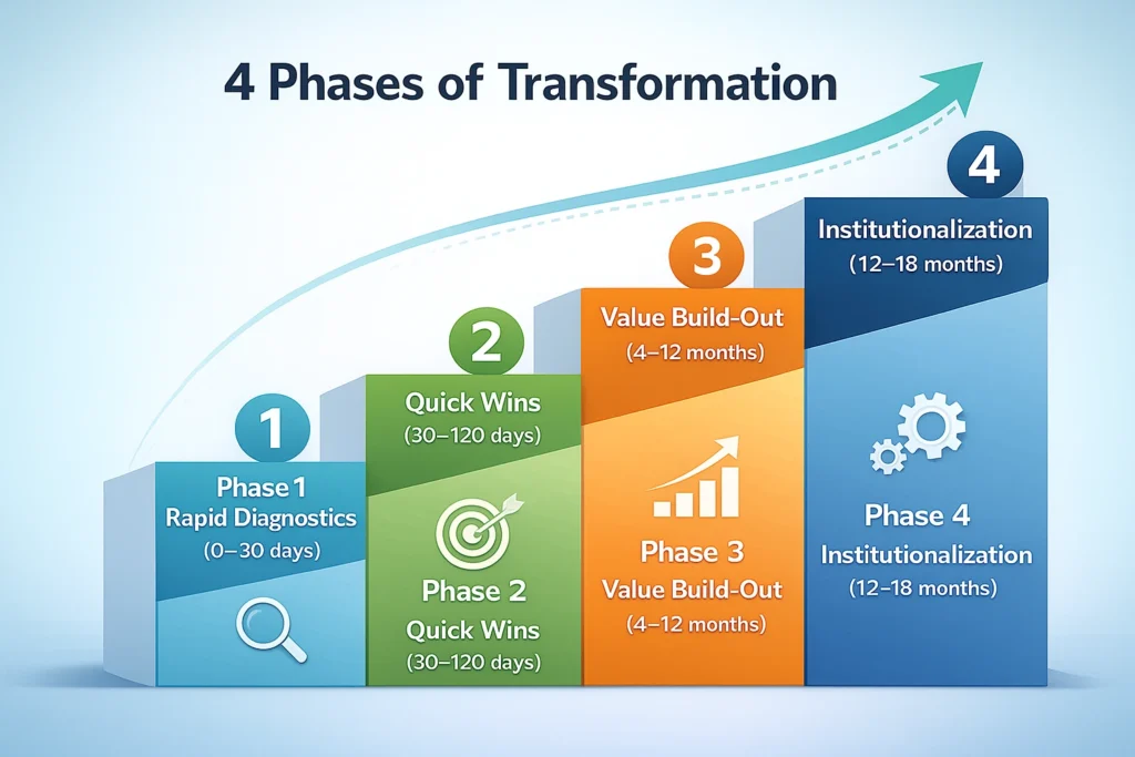 Four-phase business transformation roadmap showing rapid diagnostics, quick wins, value build-out, and institutionalization timelines.